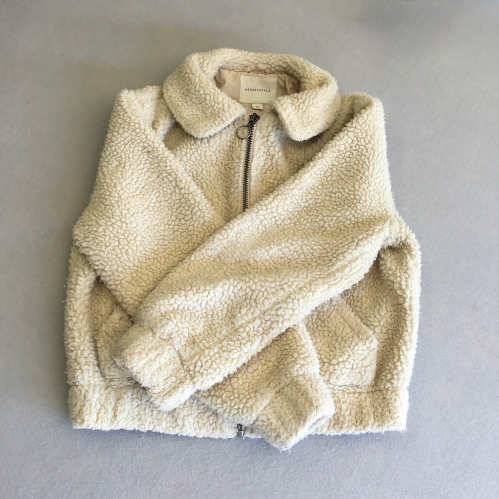 Aeropostale Cream Sherpa Teddy Fleece Zip Up Bomber Jacket Medium - Picture 4 of 8